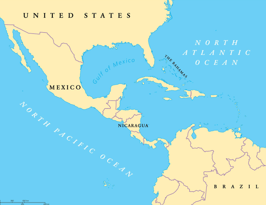 Map of Nicaragua in Central America